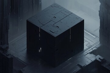 Poster - Dark metallic cube in futuristic, industrial setting.