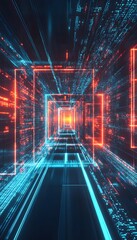 Wall Mural - futuristic glowing tunnel with squares and data streaks