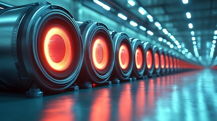 Poster - Abstract Futuristic Industrial Array with Glowing Circular Elements in a Long Line