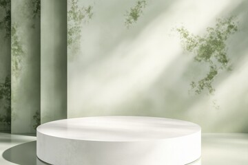 Wall Mural - Circular platform positioned in a softly lit room with green-hued walls showcasing minimalist design