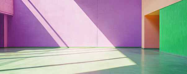 Poster - Modern architectural interior featuring vibrant violet, lime, and white walls with sunlit geometric design
