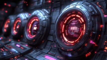 Poster - Futuristic Machine Interface with Glowing Red Circles and Geometric Details