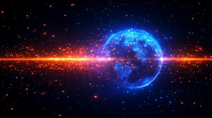 Poster - A digital blue planet, with a fiery trail of light, surrounded by a dark space with stars