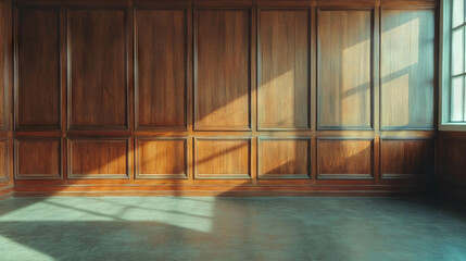 Poster - Elegant interior with wooden wall paneling and sunlit room ambiance