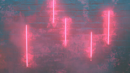 Poster - Weathered brick wall texture with pink neon lights for modern decor design
