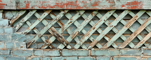 Poster - Weathered wooden lattice texture on painted brick wall for rustic design and architecture projects