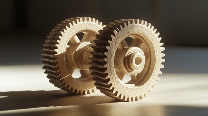 Poster - close-up of intricately designed wooden gears casting shadows in a softly lit workshop