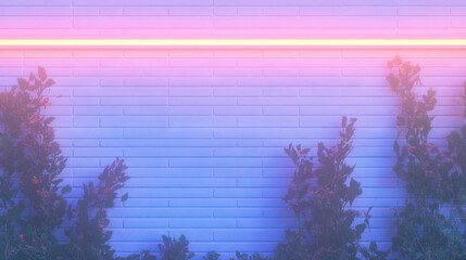 Aufkleber - Blue neon geometric theme on white brick wall with plants for modern design