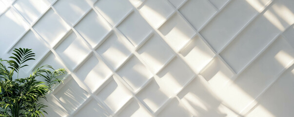 Poster - Elegant white diamond lattice texture with soft light and greenery for interior design