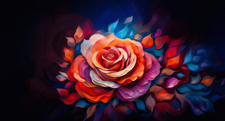 Poster - Vibrant rose art piece. Bold brushstrokes create a colorful floral display.  Orange, red, pink, and blue hues blend in an abstract botanical painting against a dark backdrop.