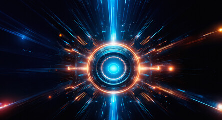 Poster - Abstract image showcases a vibrant circular portal with a cyan core and orange rings. Dynamic blue and orange light beams radiate outward against a dark backdrop.