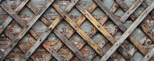 Aufkleber - Rustic wooden lattice texture on weathered brick wall for background and design
