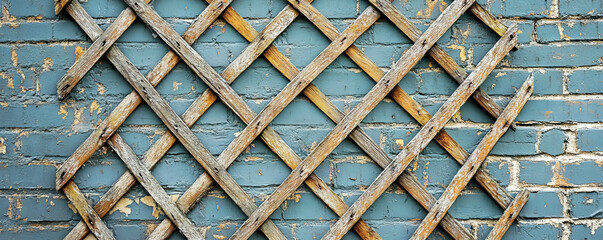 Poster - Rustic wooden lattice on distressed painted brick wall for architectural design