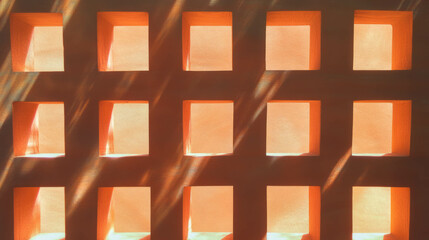 Poster - Geometric wooden wall texture with carved squares and light patterns