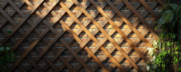 Poster - Wooden lattice pattern on brick wall with soft light for architectural design inspiration