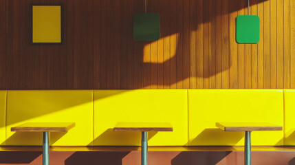 Poster - Modern interior with vibrant yellow seating and wooden panel walls in natural light