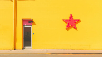 Poster - Vibrant urban scene with yellow wall and red neon star for modern design inspiration