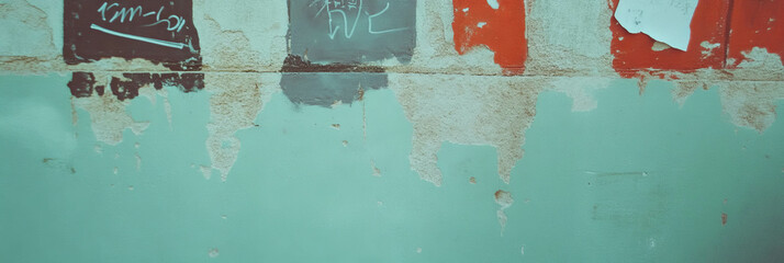 Poster - Urban texture with chipped plaster and rough grey markings on brick wall