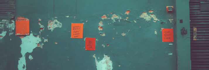 Aufkleber - Urban street art on weathered wall with chipped plaster and rough grey textures