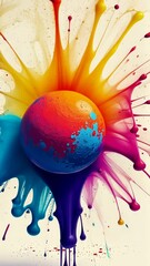 Aufkleber - A red and blue ball with a white background. The ball is surrounded by splatters of paint