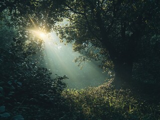 Wall Mural - Sunlight filters through forest trees