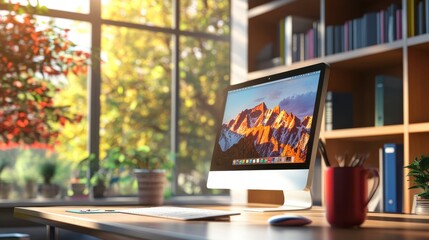 Poster - A bright, modern workspace featuring a computer on a wooden desk, bookshelves in the background, and sunlight streaming through large windows.