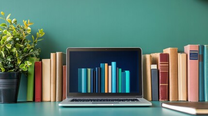 Poster - a modern workspace featuring a laptop displaying colorful bar graphs, surrounded by books and a pott