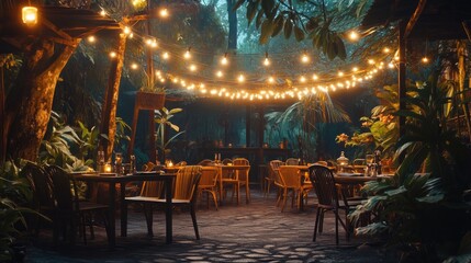 Poster - Outdoor dining setup with string lights