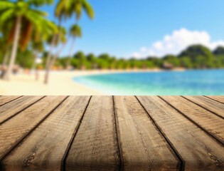 Empty wooden table top with blurred beach background