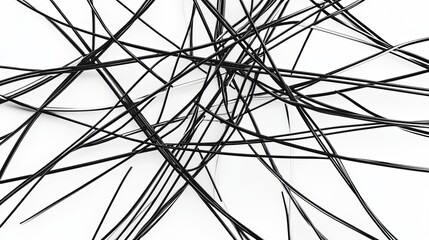 Poster - Abstract arrangement of black strands creating a chaotic pattern on a white background in a minimalist design setting