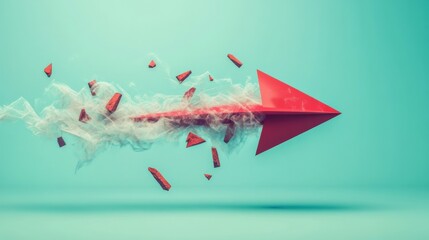 Poster - dynamic red arrow breaking through barriers with smoke on a turquoise background