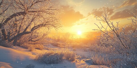 Wall Mural - Sunset Over Snowy Field