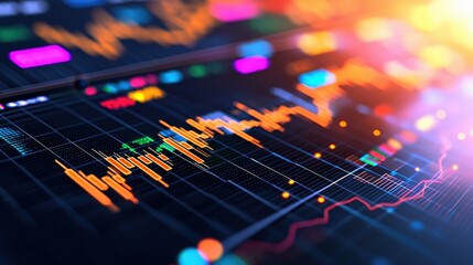 Poster - A vibrant digital display showcasing fluctuating stock market data, featuring colorful graphs and lines symbolizing financial trends.