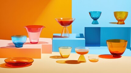 Poster - Colorful glass bowls and dishes arranged artistically on vibrant backgrounds showcasing design