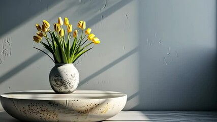 Canvas Print - Soft sunlight casts gentle shadows on a vase of yellow tulips, enhancing the peaceful ambiance of the modern interior space