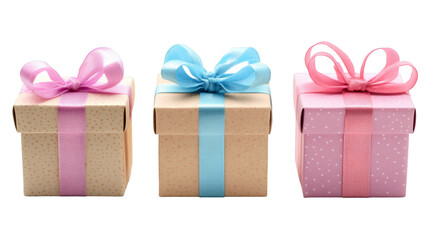 Poster - Pastel ribbons adorning wrapped gift boxes, creating elegant present arrangement against clear backdrop for birthday, holiday celebration