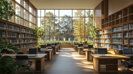 Poster - a modern library interior featuring large windows, wooden bookshelves, desks, and greenery, creating