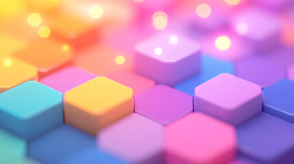 Poster - Isometric cubes arranged in a tessellated pattern, punctuated by floating bokeh lights that move