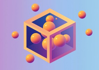 Poster - Orange spheres inside and outside a translucent cube on a gradient background.