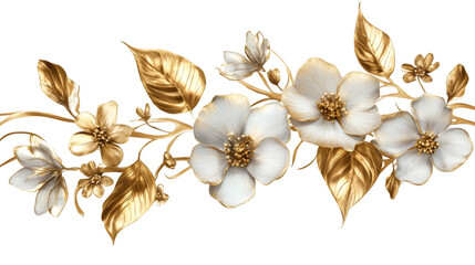 Poster - Elegant seamless border adorned with delicate white flowers and shimmering gold leaves, adding luxury to designs on a transparent background