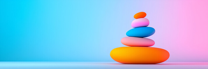 Poster - Glossy, bubble-like shapes in pastel hues, balanced precariously in a soft, surreal tower,