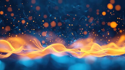 Poster - A vibrant abstract design featuring flowing waves of orange light against a dark blue background, dotted with glowing particles.