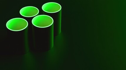 Poster - Four green glowing cylinders on dark background.