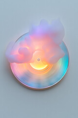 Poster - Semi-translucent vinyl disc tinted with swirling colors, as a cloud of sparkling particles hovers