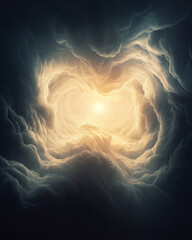 Poster - Ethereal cloud formations shaped like drifting ribbons in a calm sky, encircling a radiant sun that
