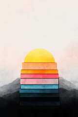 Aufkleber - Minimalist sunset silhouette where broad rectangular bands in varying shades of pink and yellow