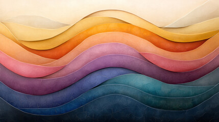 Poster - Layered horizon lines in warm tones, each band interrupted by angled, mosaic-like breaks that