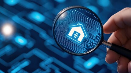 Poster - A hand holds a magnifying glass over a digital house icon, symbolizing the intersection of technology and real estate.