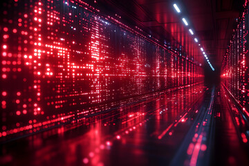 Poster - Abstract Red Light Tunnel Perspective in Dark Background Digital Structure and Geometric Pattern
