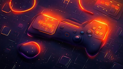 Poster - Glowing game controller with futuristic design surrounded by neon shapes and lights